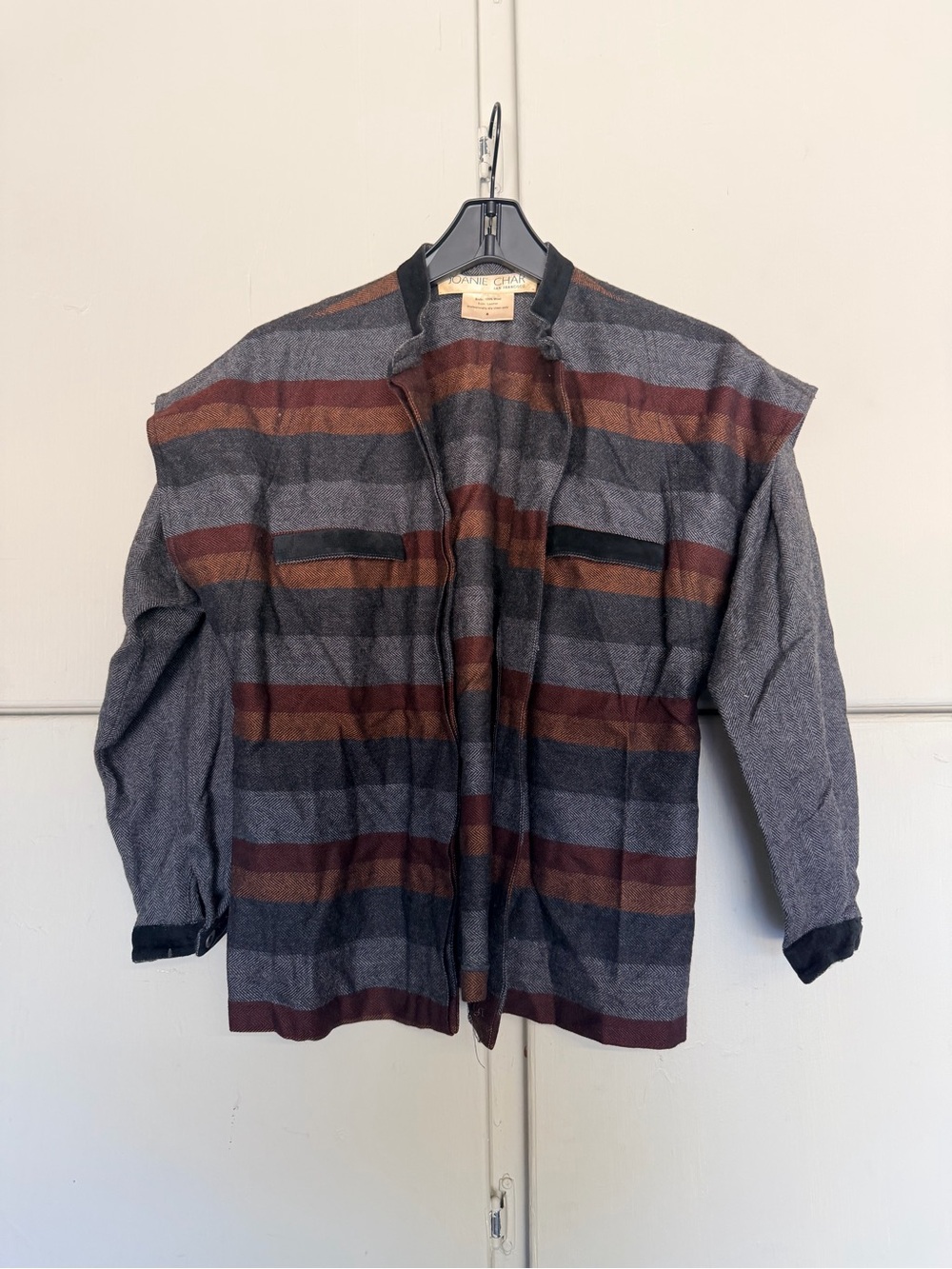 Vintage Joanie Char Wool Leather Trim Jacket Gray Burgundy Size 6